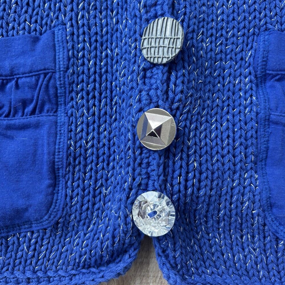 Brooch Button Handknit Womens Cotton Cardigan Size SP Blue Granny Cottagecore - Picture 4 of 12